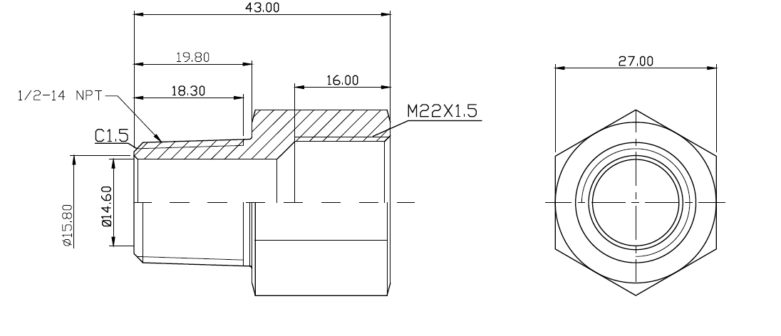 Steel Adaptor NPT 1/2" Male to M22x1.5 Female Fittings HEX 27 L=43mm/1.7inch