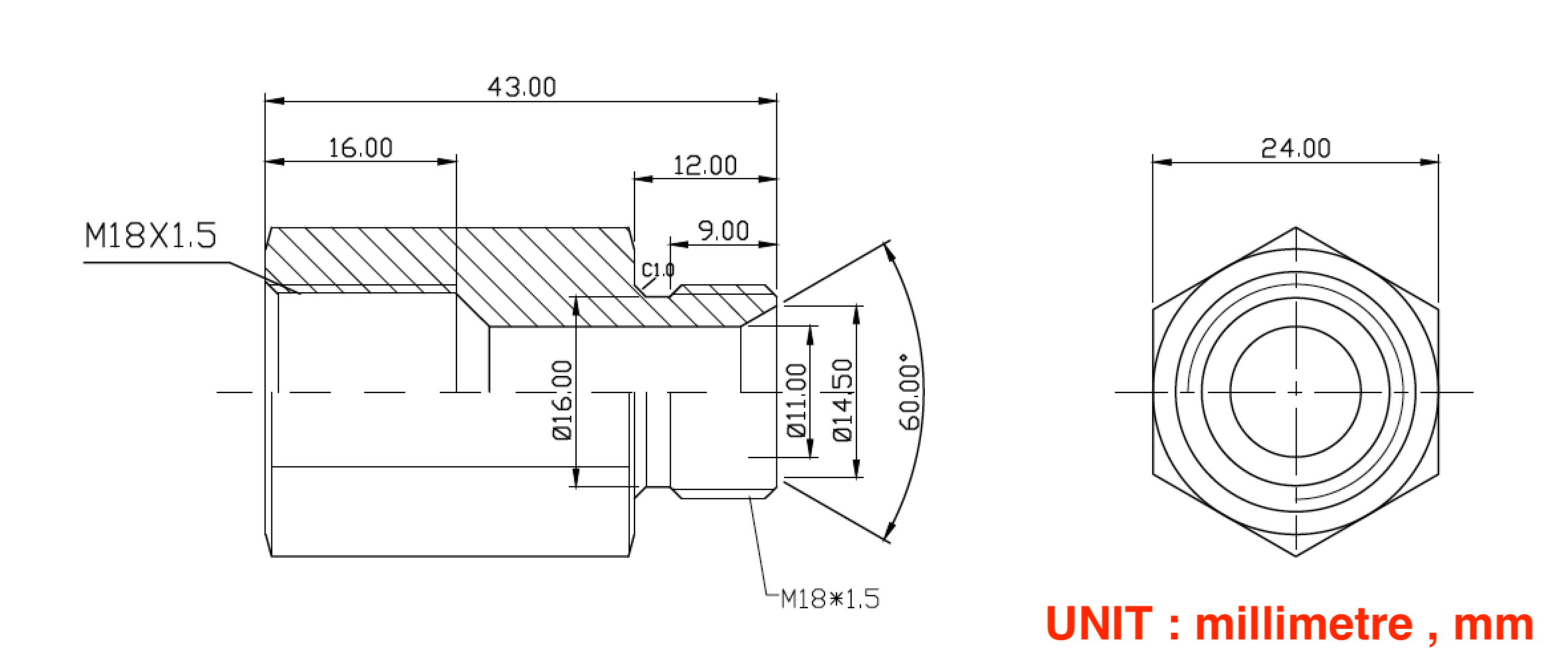 Steel Adaptor M18 x 1.5 Female to M18x1.5 Male Fittings HEX 24 L=43mm/1.7inch